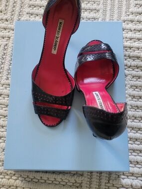 Manolo Blahnik Black Exterior with Hot Pink Insole Open-Toe Heels